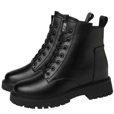 

Women‘s Black Side Zipper Short Boots Round Toe Lace Up Platform Fleece Liner Combat Boots Women‘s Comfy Ankle Boots