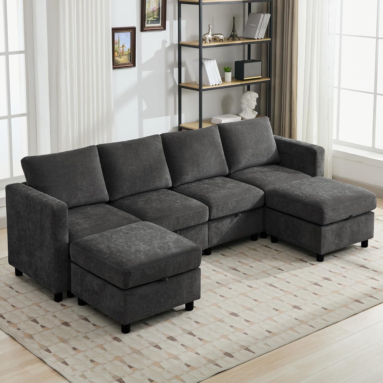 107”Modular Sectional Sofa Convertible U Shaped Sofa Couch Set with Storage for Living Room, Modern 6 Seater Modular Sectional Couch with Movable Ottoman, Chenille Dark Grey