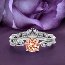 Milgrain Boho & hippie 1.75 Carat Round Cut Morganite And Diamond Moissanite Engagement Ring Set, Matching Curved Wedding Band in 10k Solid White Gold, Vintage Design, Promise Ring, Anniversary Ring