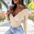thumbnail image 6 of VEKDONE Womens Sexy Tops Long Sleeve Zipper V Neck Shirts Ribbed Knit Low Cut Tops Fall Stretch Slim Fit Shirts Solid Color Fashion Blouses Khaki L, 6 of 7