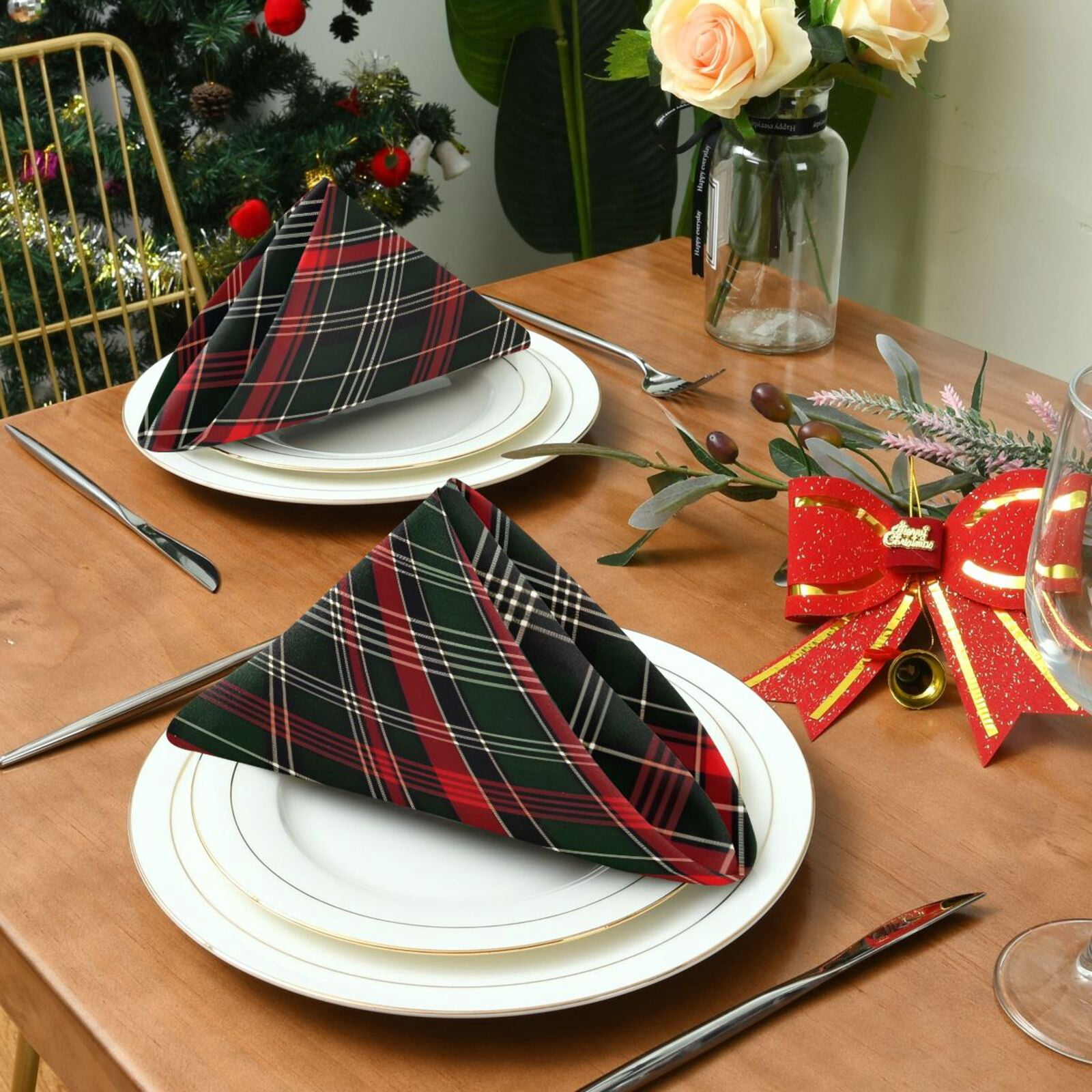 JSTEL Christmas Checked Tartan Cloth Napkins Set of 6, 20x20 Inch Washable and Reusable Napkin for Decoupage Dinner Party Everyday Use