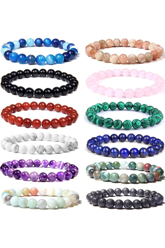 12PCS 8mm semi-precious stone bead bracelet, elasticated round crystal gemstone bracelet for man woman treatment, unisex.