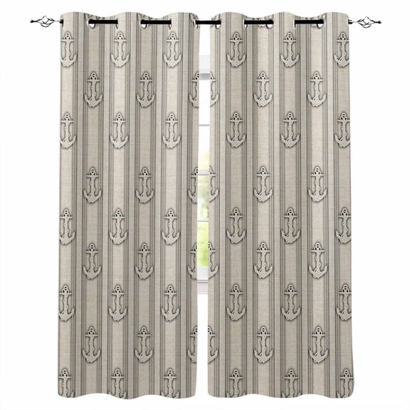 Beige Anchor Nautical Blackout Curtains 72 Inches Long for Bedroom, Coastal Ocean Blue Striped Thermal Insulated Room Darkening Black Out Window Curtain Panels Grommet Drapes for Living Room
