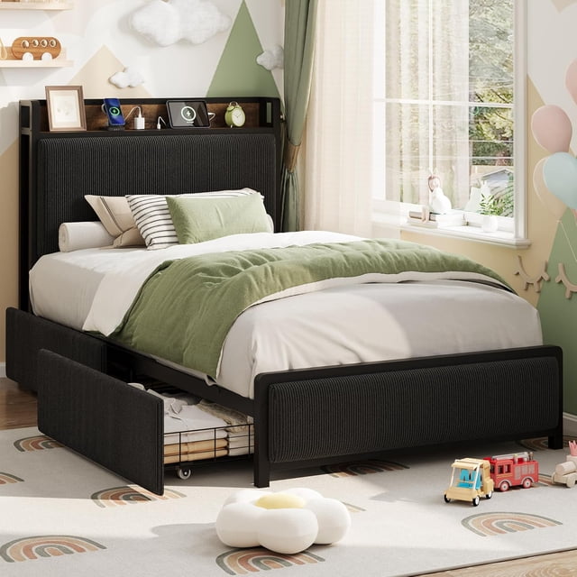 Cadre de Lit Format Simple avec 2 Tiroirs de Rangement et Station de Recharge, Sommier Plateforme Rembourré en Velours Rustique avec Tête de Lit de Rangement, Aucun Sommier Requis, Assemblage Facile, Sans Bruit, Noir