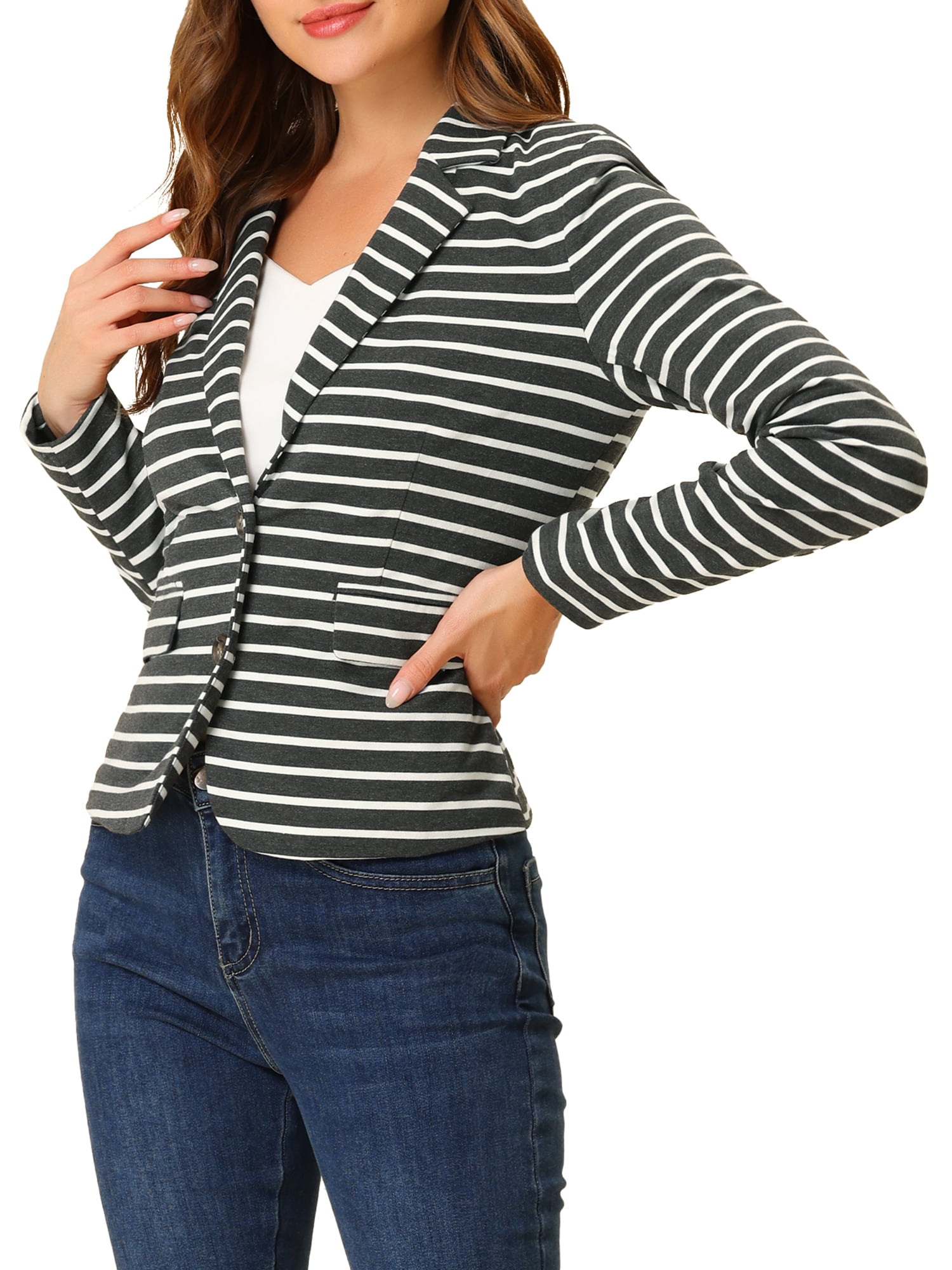 DARING DIVA Women's Striped Notched Lapel Button Closure Blazer S Grey White