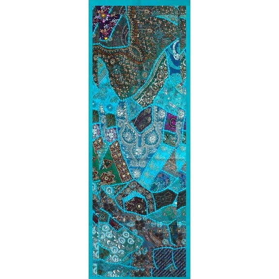 Rastogi Handicrafts Indian Handmade Embroidered Patchwork Turquoise Moti Wall Hanging 20 x 60 inch (Firozi)