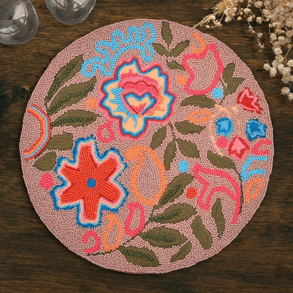Decozen 2-Piece Round Placemats Multicolor Embroidered Beads Satin Back Lining Floral Design 15"x15"
