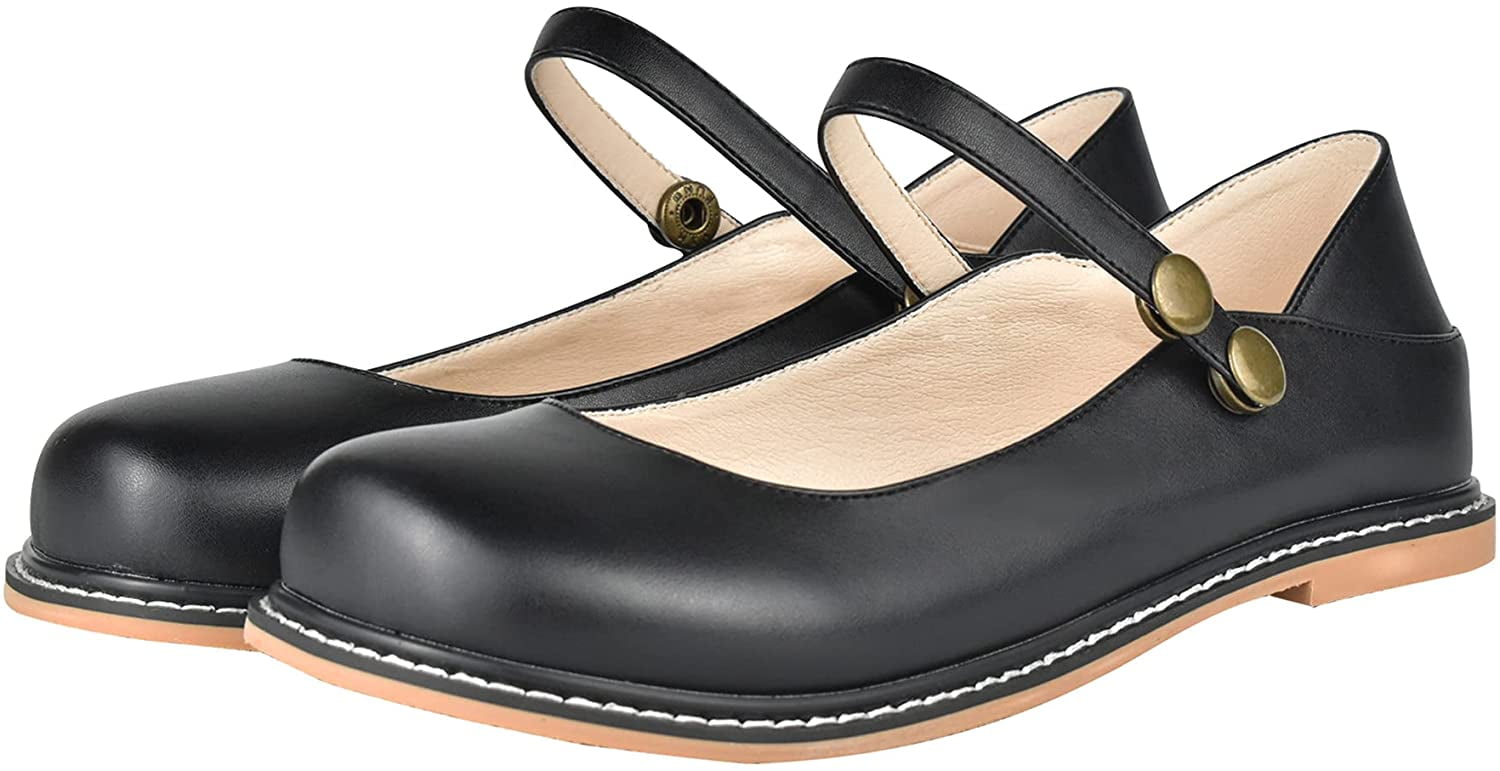 100FIXEO Women Ankle Strap Mary Janes Patent Leather Casual Ballet Flats