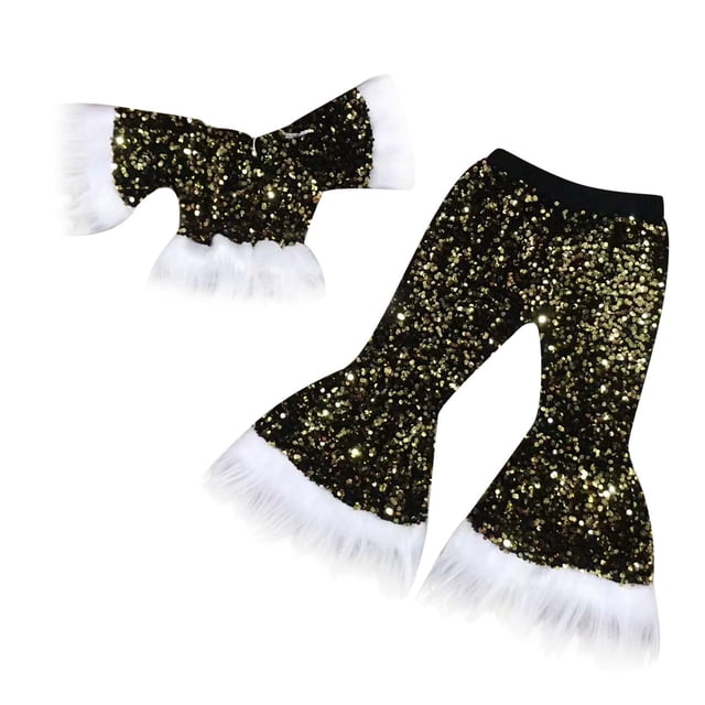 Girls Outfits & Set - Sequin Suit Pageant Top and Glitter Flare Pants for Birthday Parties