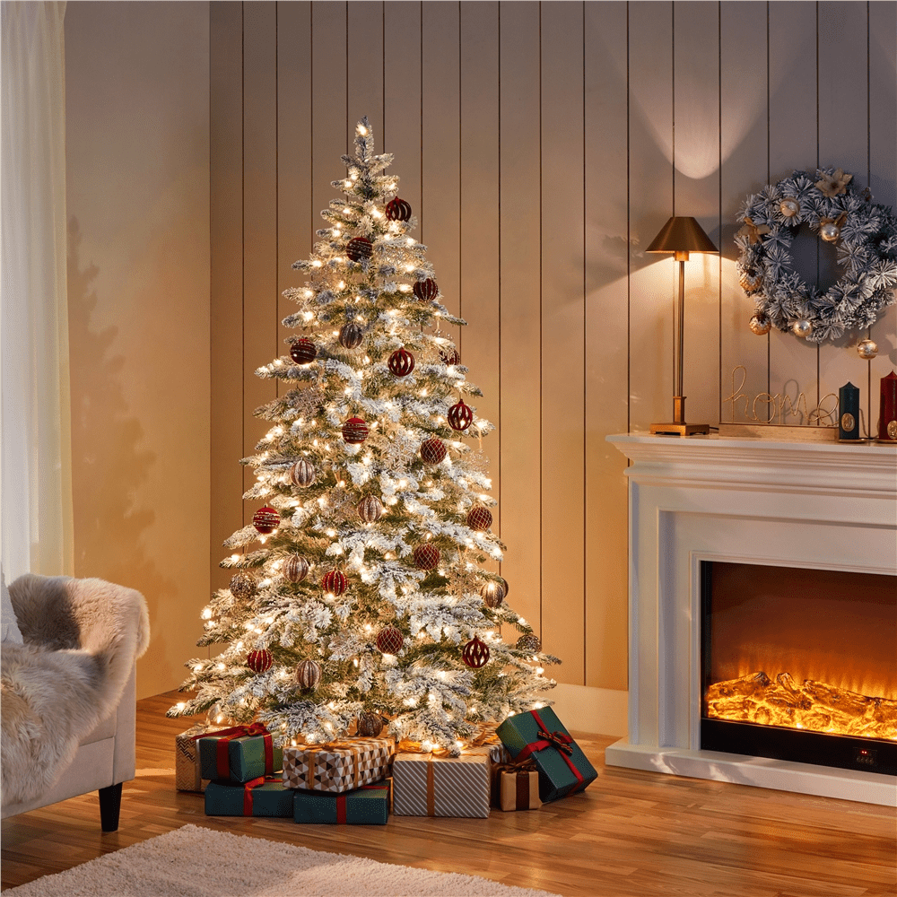 Alden Design 6 Ft. Pre-Lit Snow Flocked Christmas Tree with 400 White LED Lights, Green