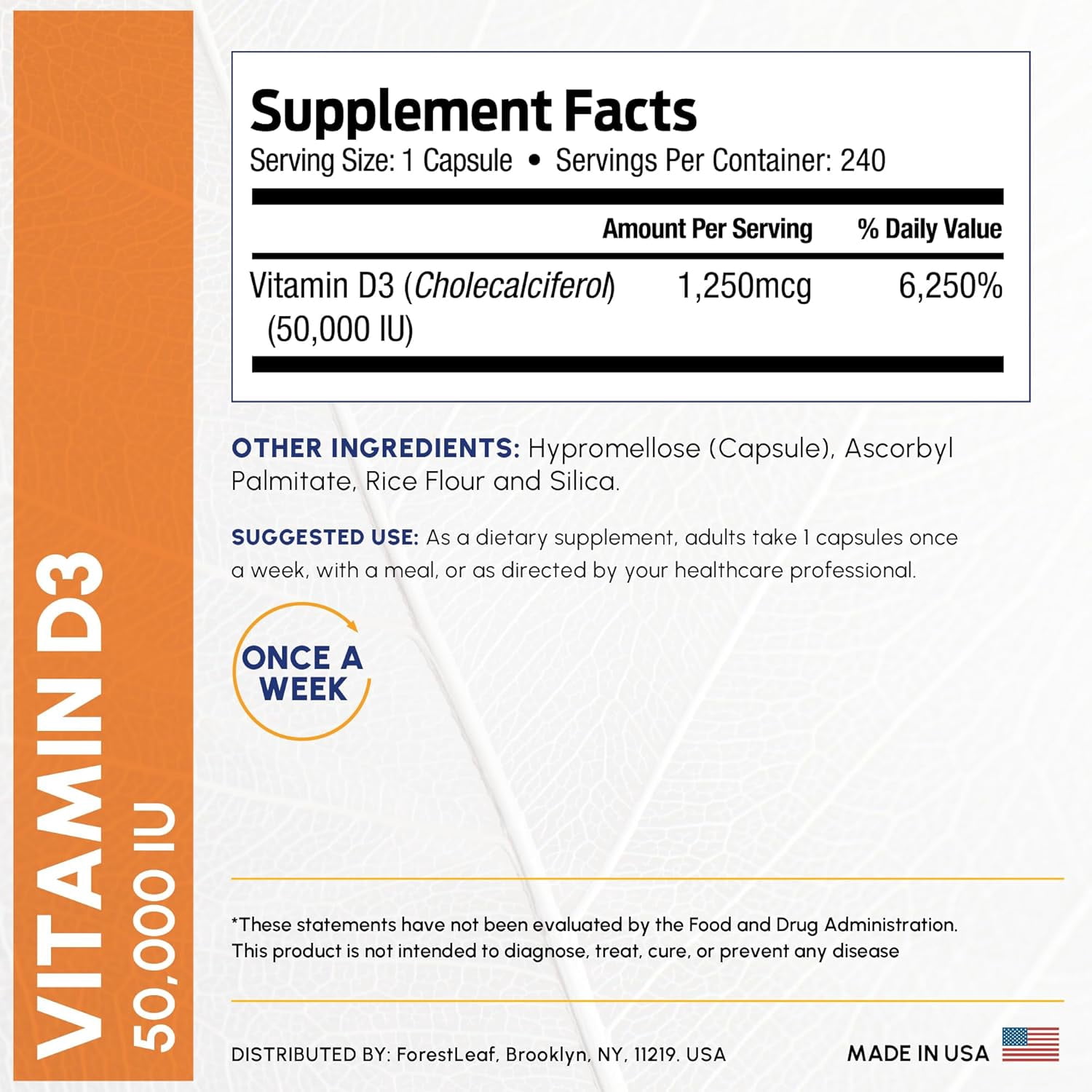 Forest Leaf Vitamin D3 50000 IU Bone Health & Immune Support Supplement, 240 Capsules