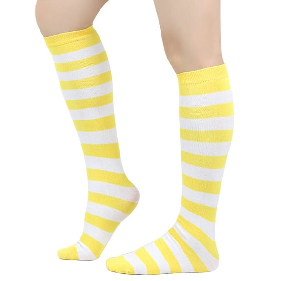 suxuMhao Thick Striped Calf Socks,3 Pairs One Size Fits Most,Soft Polyester-Cotton&Spandex Socks-Ideal as Mid Calf Socks,Knee High Socks,Long Socks,Crew Socks,Yellow & White for Daily Wear​