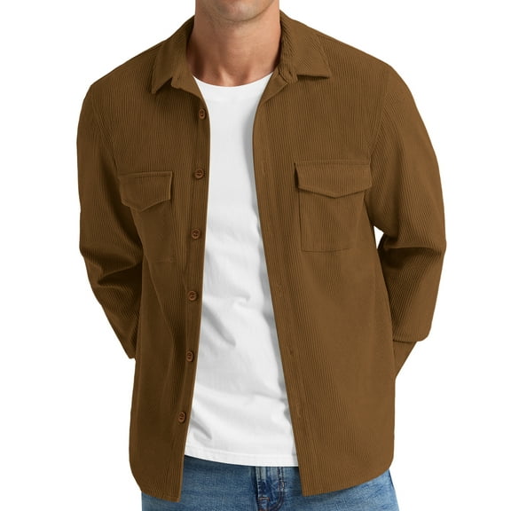 Iceglad Mens Corduroy Jacket Shirt Long Sleeve Button Down Shirt Work Casual Jacket With Chest Flap Pocket Brown L