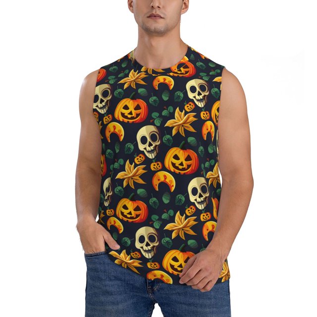 Fotbe Halloween Skull Men's Camiseta sin Mangas Estampada para Hombres, Playera Casual para Gimnasio, Entrenamiento, Playa-Large