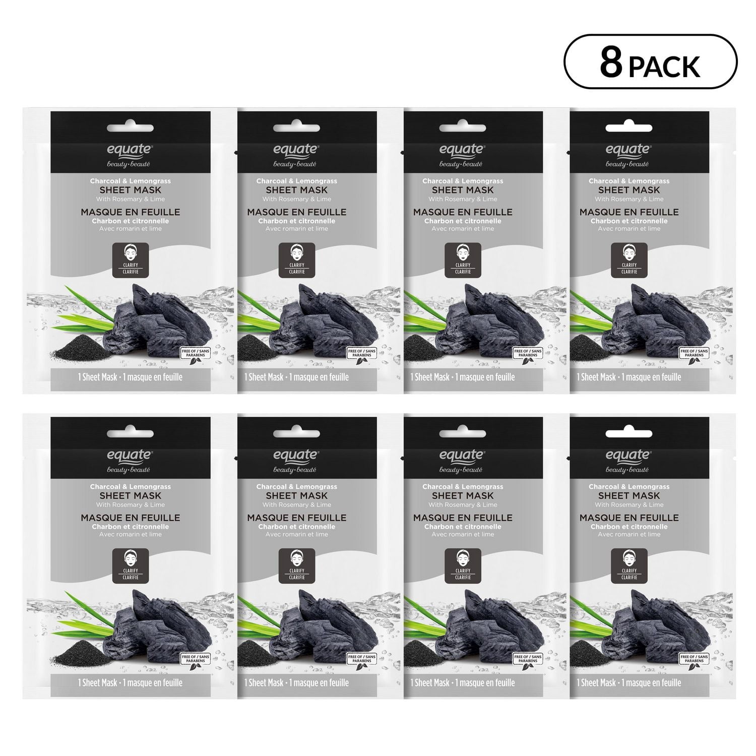 Equate Beauty Masque En Feuille Charbon Et Citronnelle 8PK