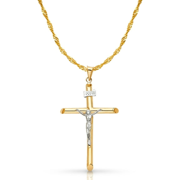 14K Two Tone Gold Crucifix Cross Pendant with 1.5mm Singapore Chain Chain Necklace