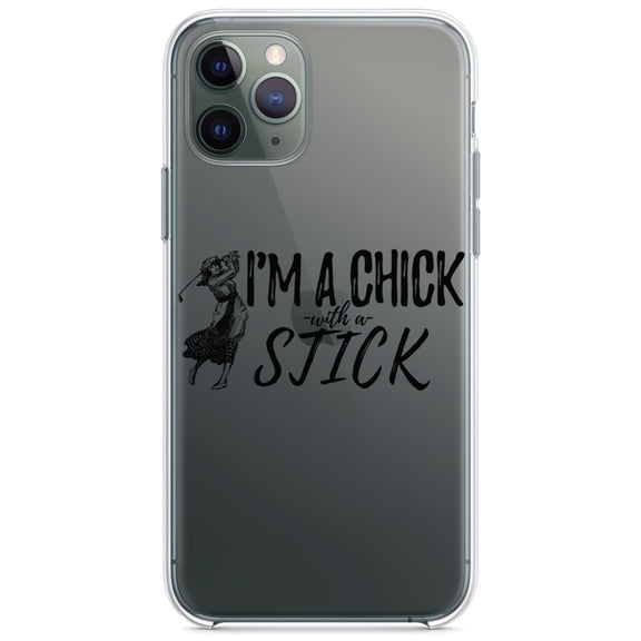 DistinctInk Clear Shockproof Hybrid Case for iPhone 13 PRO (6.1" Screen) - TPU Bumper Acrylic Back Tempered Glass Screen Protector - I'm a Chick with a Stick Golf
