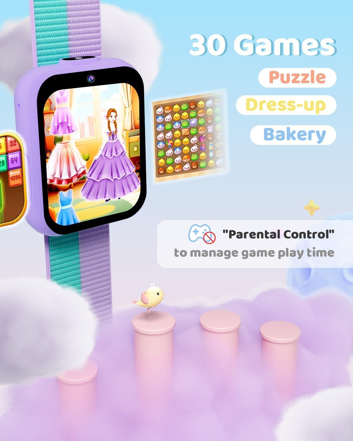 BIGGERFIVE Smart Watch for Kids with Dual Cameras, Two Straps, 30 Puzzle Games, Video & Music Player, Audiobooks, Flashlight, Pedometer, Educational Toys Birthday Gifts for Boys Girls Ages 4-10 Lilac