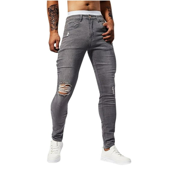 hotojiny Men's Ripped Jeans Fall Fashion Slim Fit Tapered Straight Leg Leggings Casual Skinny Stretch Denim Pant with Pockets