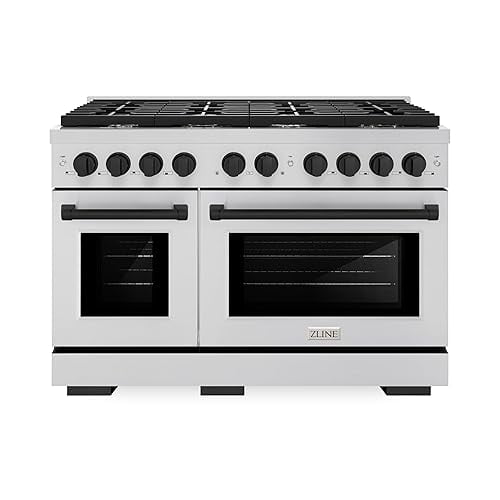 ZLINE Autograph Edition 48 in. 6.7 cu. ft. Paramount Double Oven Dual Fuel Range with 8 Burner Gas Cooktop in Stainless Steel and Matte Black Accents (SDRZ-48-MB)