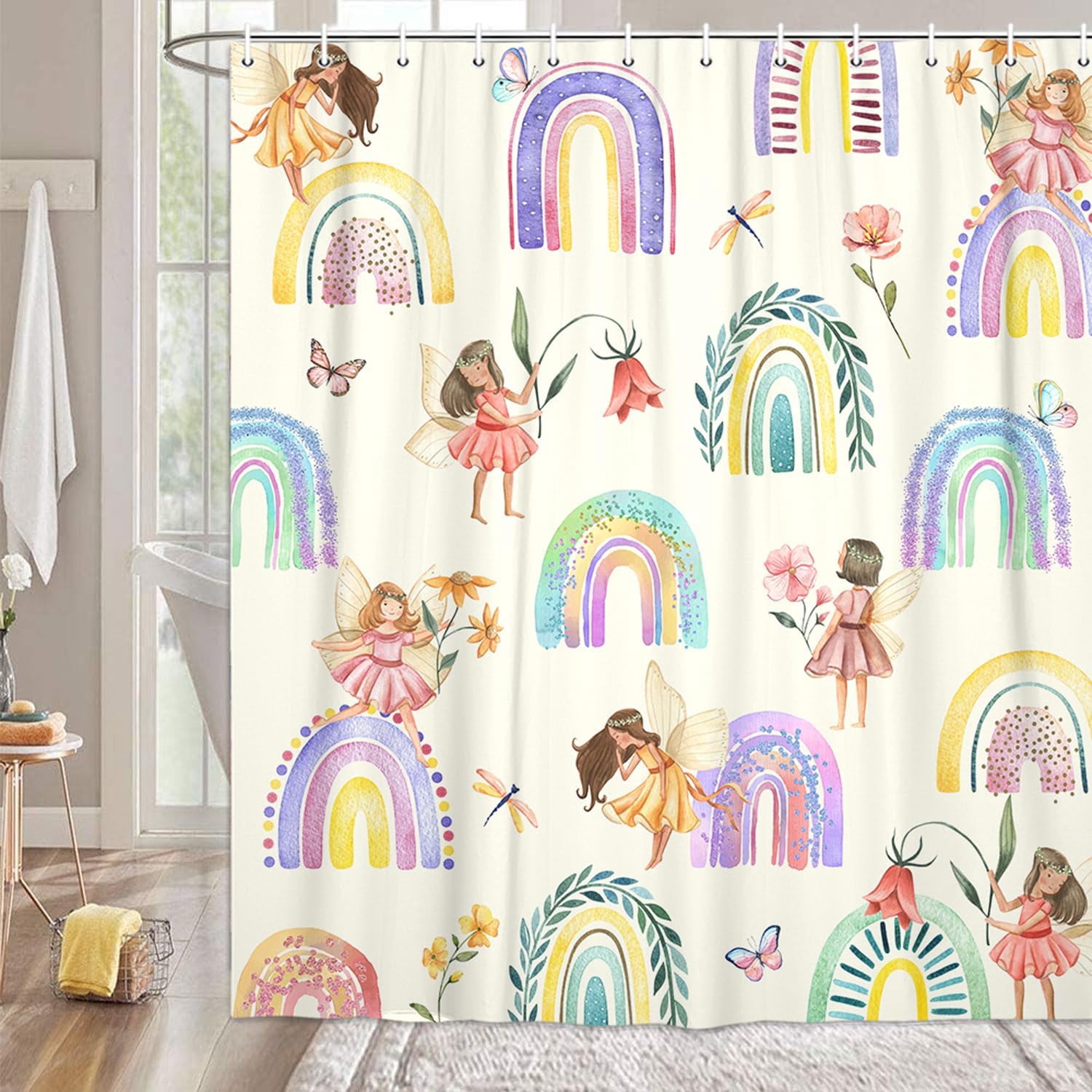 Kids Shower Curtain, Boho Rainbow Shower Curtain Set for Baby Girls Bathroom, Cute Modern Toddler Fairy Fabric Shower Curtain Restroom Bathtub Decor Accessories with Hooks 72X 72 inch