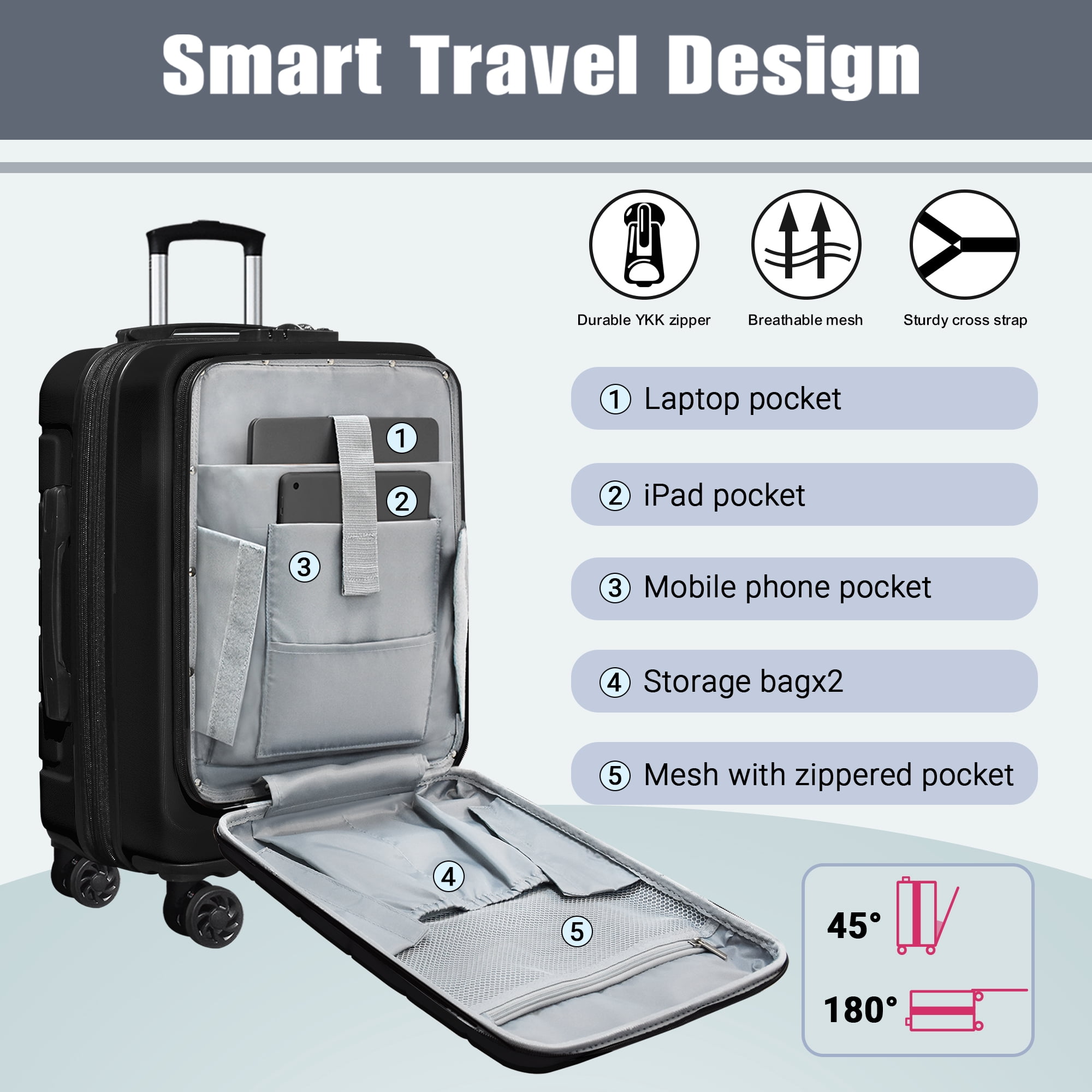 Explorer 20 Inch Carry On Hardshell Luggage with Front Pocket,Black
