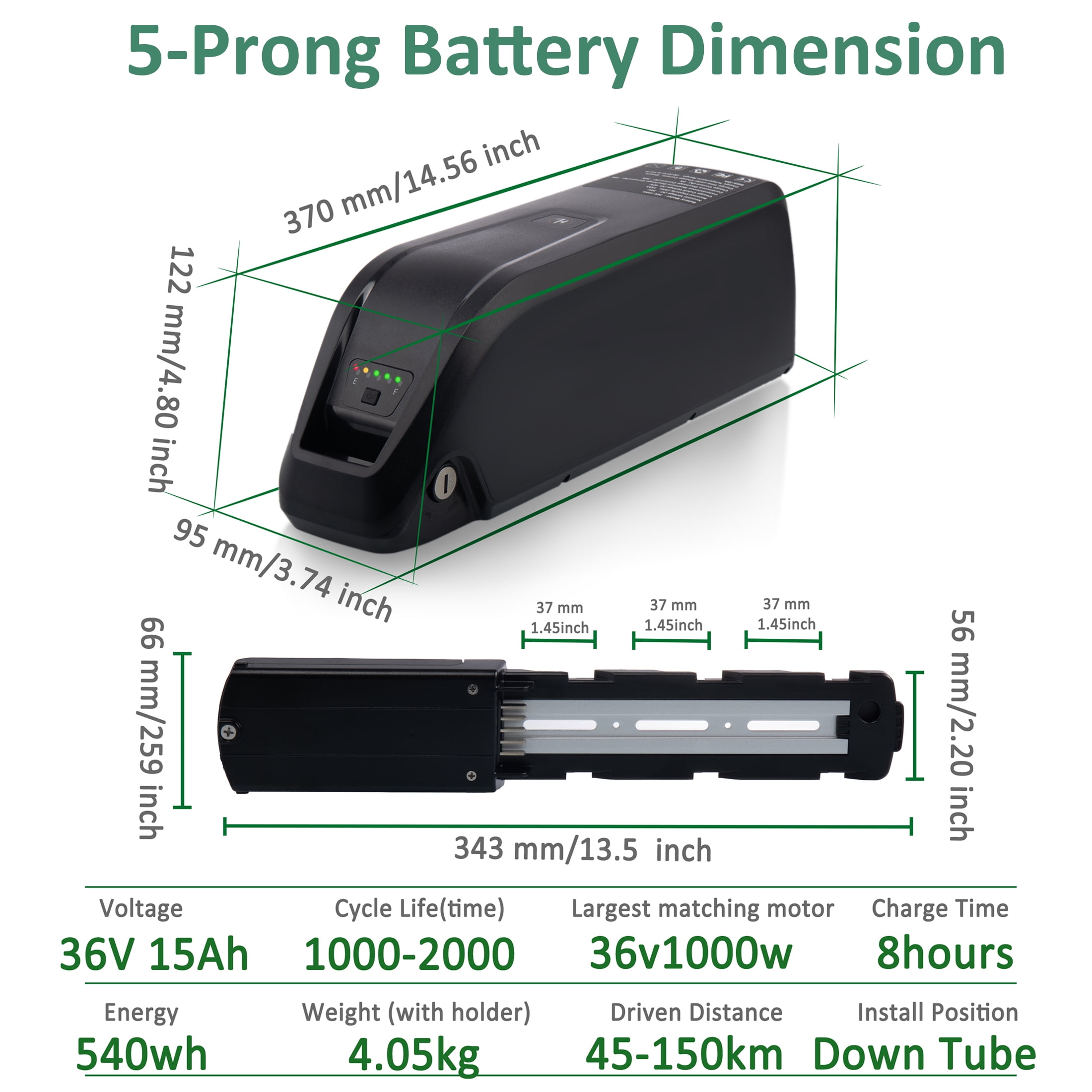 5 Prong 36V 15Ah Ebike Battery Rechargeable Lithium Battery XT60 36V Battery for 1000W Adult Electric Bike