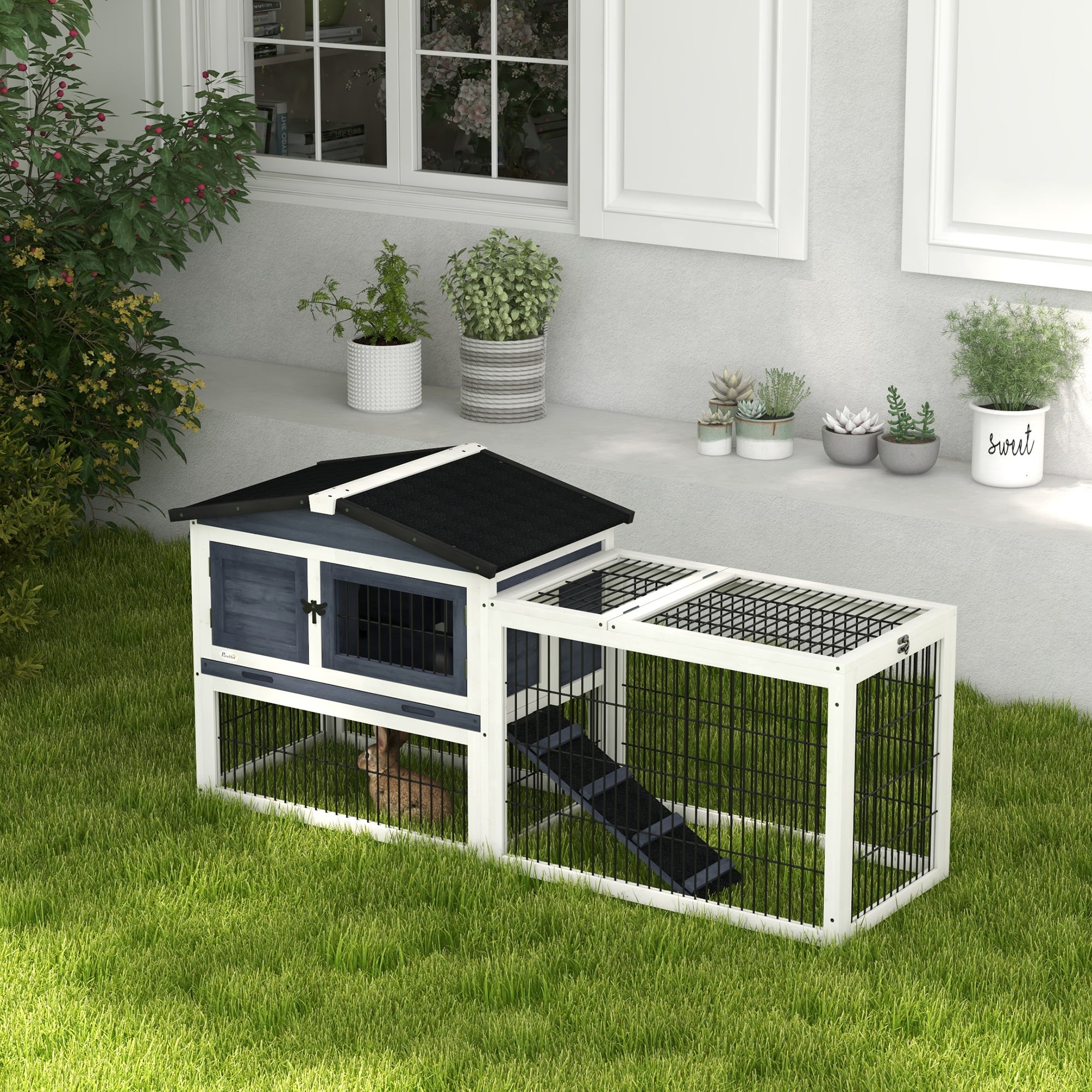 CoSoTower 2 Levels Outdoor Rabbit Hutch with Openable Top, 59" Wooden Large Rabbit Cage with Run Weatherproof Roof, Removable Tray, Ramp, Dark Gray