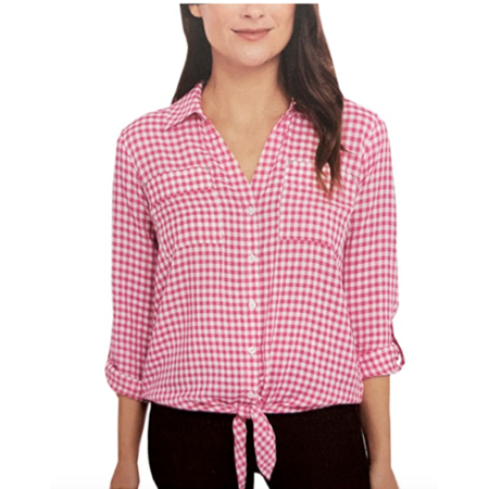 NEW!!! Jones New York Women's Front Tie Button Down Blouse Top (Pink & Small)