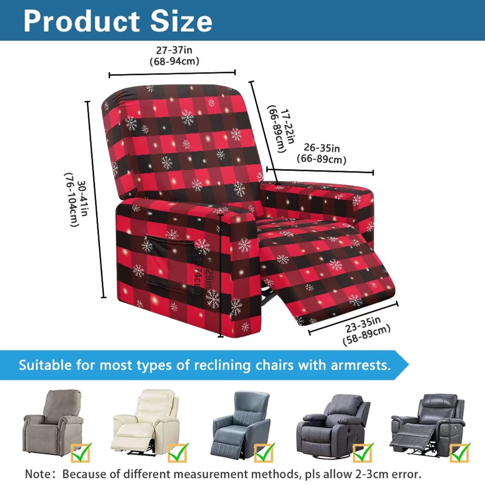 Yuyamidu Christmas Print Reclining Chair Covers 4 Pieces Comfortable Recliner Sofa Slipcovers with Pocket Replacement Lazyboy Cover for Recliner Chair Gift for Housewarming
