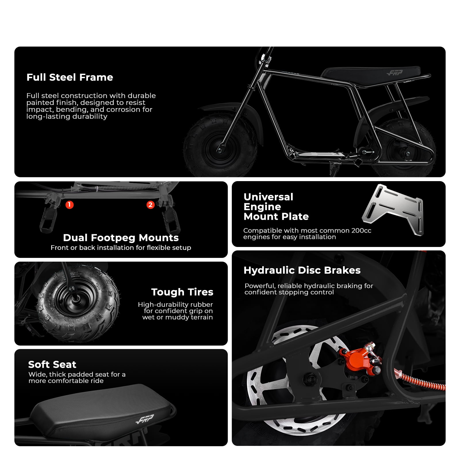FRP GMB100 Mini Bike Upgraded Frame Roller Frame, No Engine—Tires, Hydraulic Brake, Seat, Fuel System & Wiring, DIY Bolt-On 79/98/196/212/225cc – Black