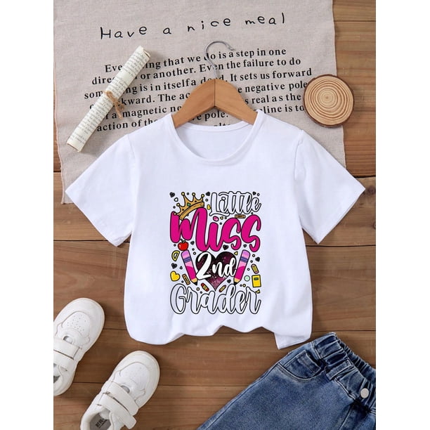 Fancy' Printed Crew Neck T-Shirt For Boys and Girls Back-To-School Season Short Sleeve T-Shirt Top For Toddlers
