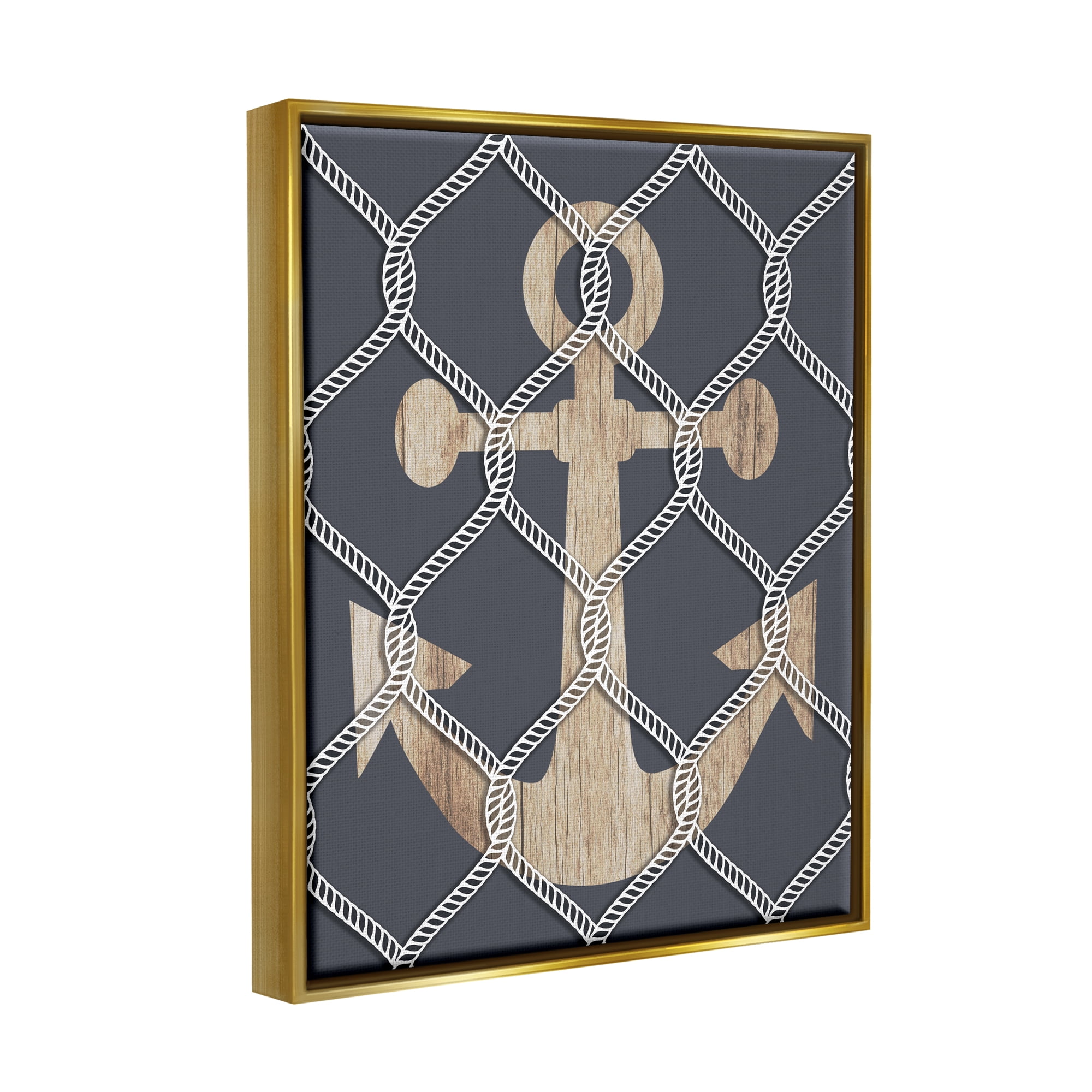 Stupell Nautical Anchor Linked Rope Landscape Painting Gold Floater Framed Art Print Wall Art