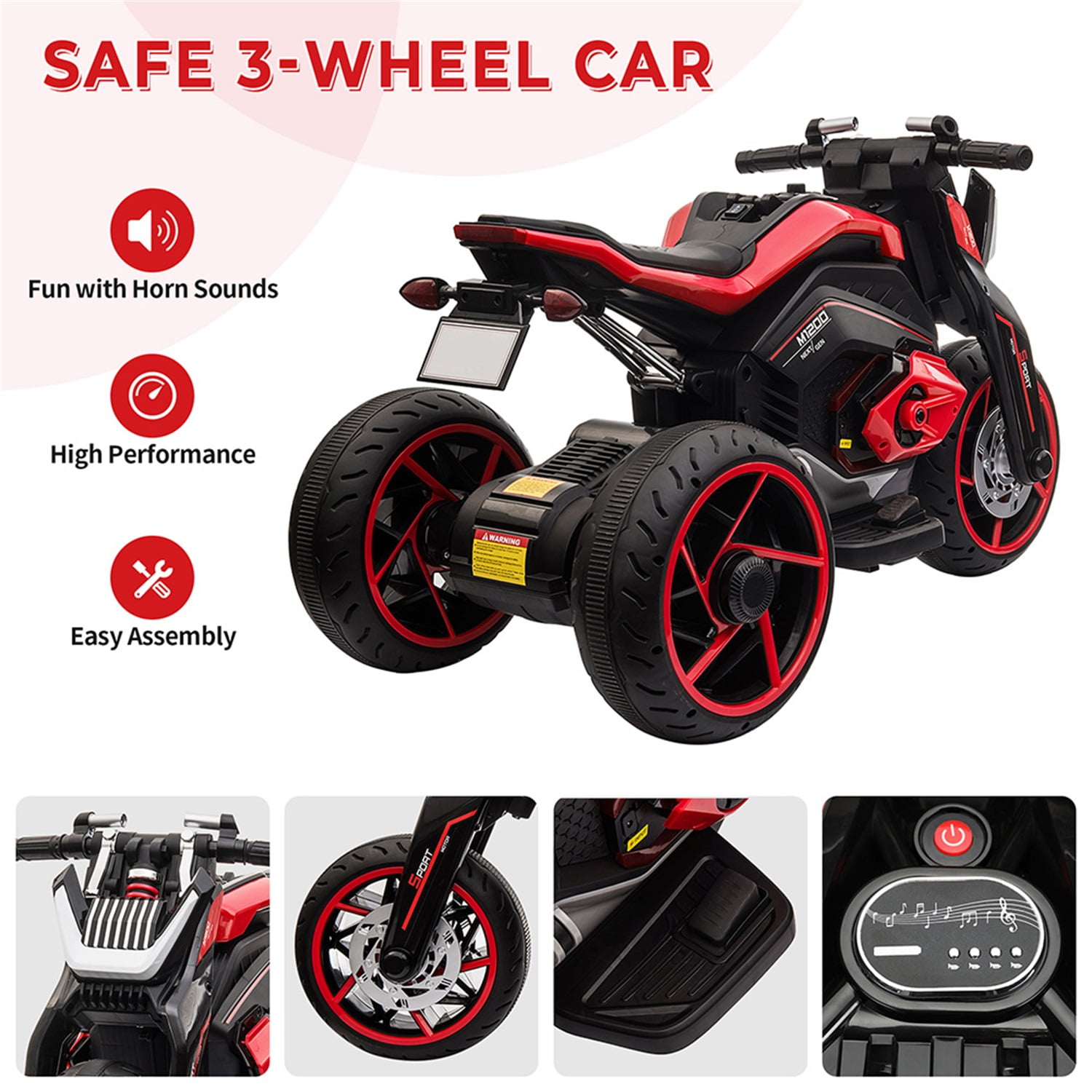 CIPACHO 12V Electric Motorcycle for Kids, Kids Ride On Motorcycle w/ 3 Wheels, Lights, Music, Battery Powered Trike Electric Toy for Children, Red