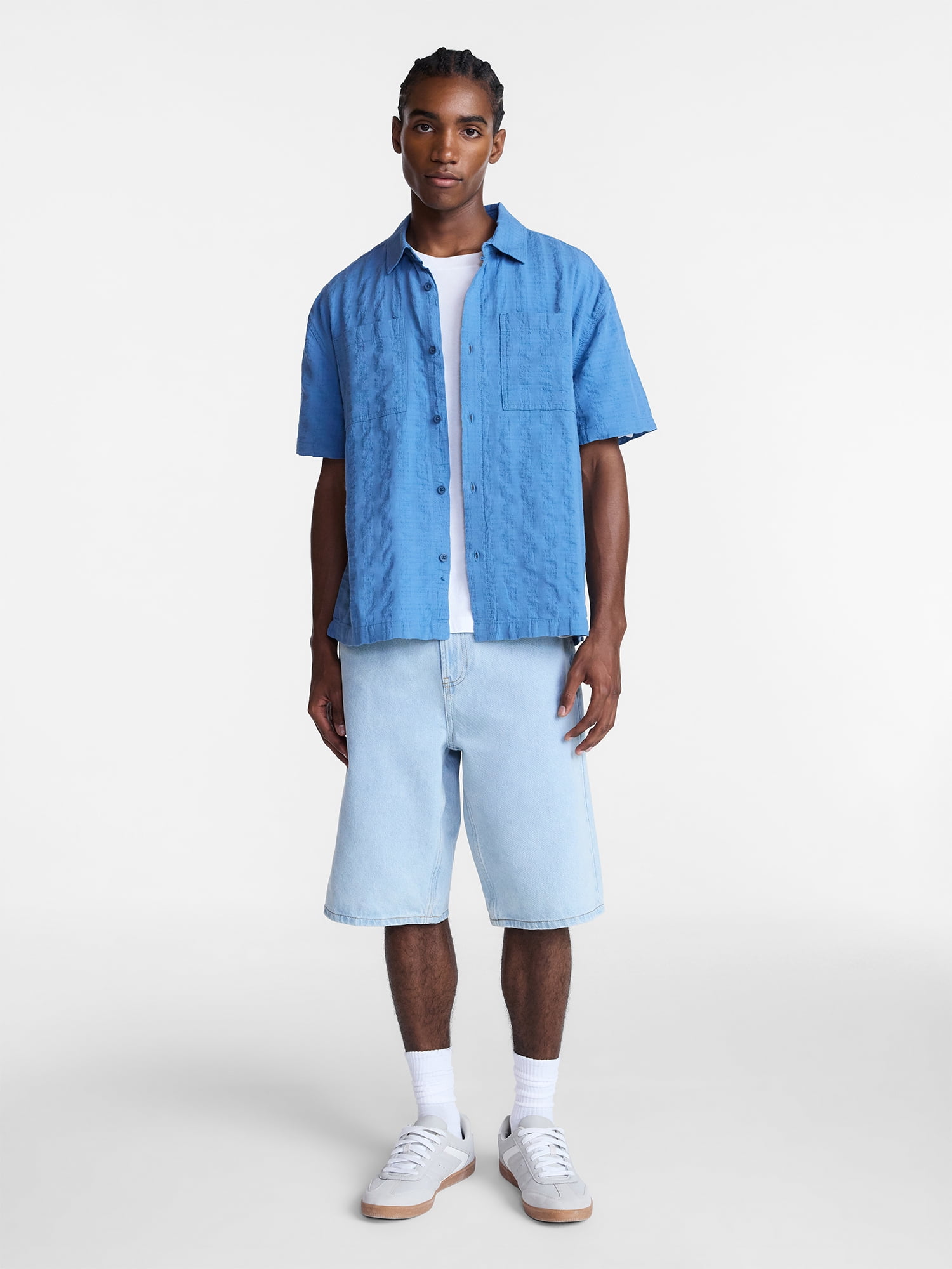 No Boundaries Textured Grid Boxy Fit Resort Shirt, Men's XS-5XL