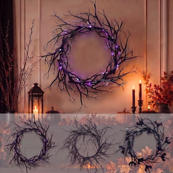 Boovnll Halloween Wreath, 18" Horror & Novelty Handmade Black Twig Glitter Bats Halloween Wreaths for Front Door Fireplace Wall Porch Party Decor, Halloween Decorations