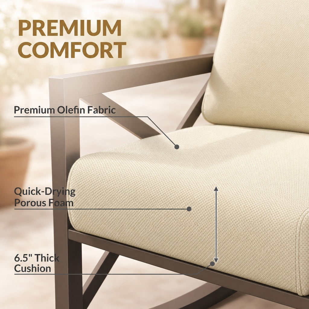 UDPATIO 3-Piece Metal Patio Rocking Chair Set, Heavy Duty 350 lbs Capacity Outdoor Bistro Furniture Set with 2 Rockers, Thick Cushions and Coffee Table for Porch, Rust-Resistant, Beige