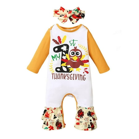 

Glookwis Girls Long Sleeve Bodysuit Cute Overall Letters Print Cartoon Thanksgiving Romper With Bow Buttons Jumpsuit Yellow 60cm