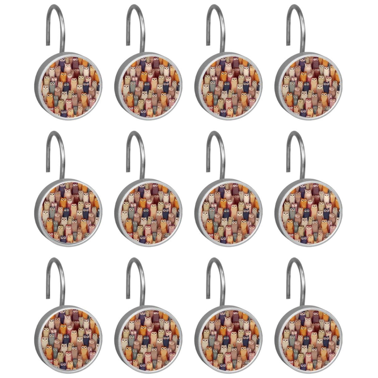 12pcs Decorative Shower Curtain Hooks, Rust Resistant Shower Rings for Bathroom Living Room,Rustproof Stainless Steel Rings for Shower Curtain and Liner Rods,Owls Background
