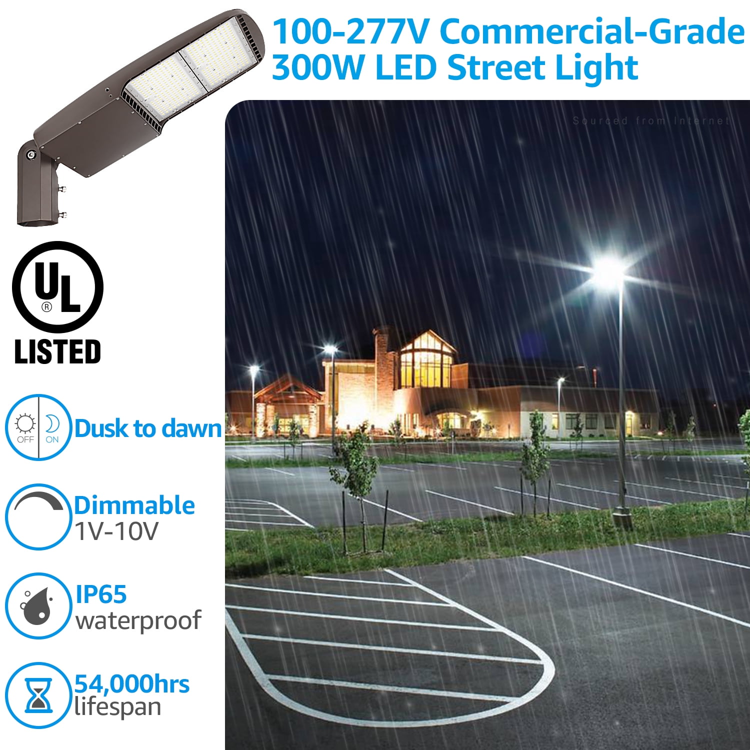 300W Commercial LED Parking Lot Lights, Hardwired Outdoor Garage Lighting, UL & DLC Listed, IP65 Waterproof, 5000K Daylight