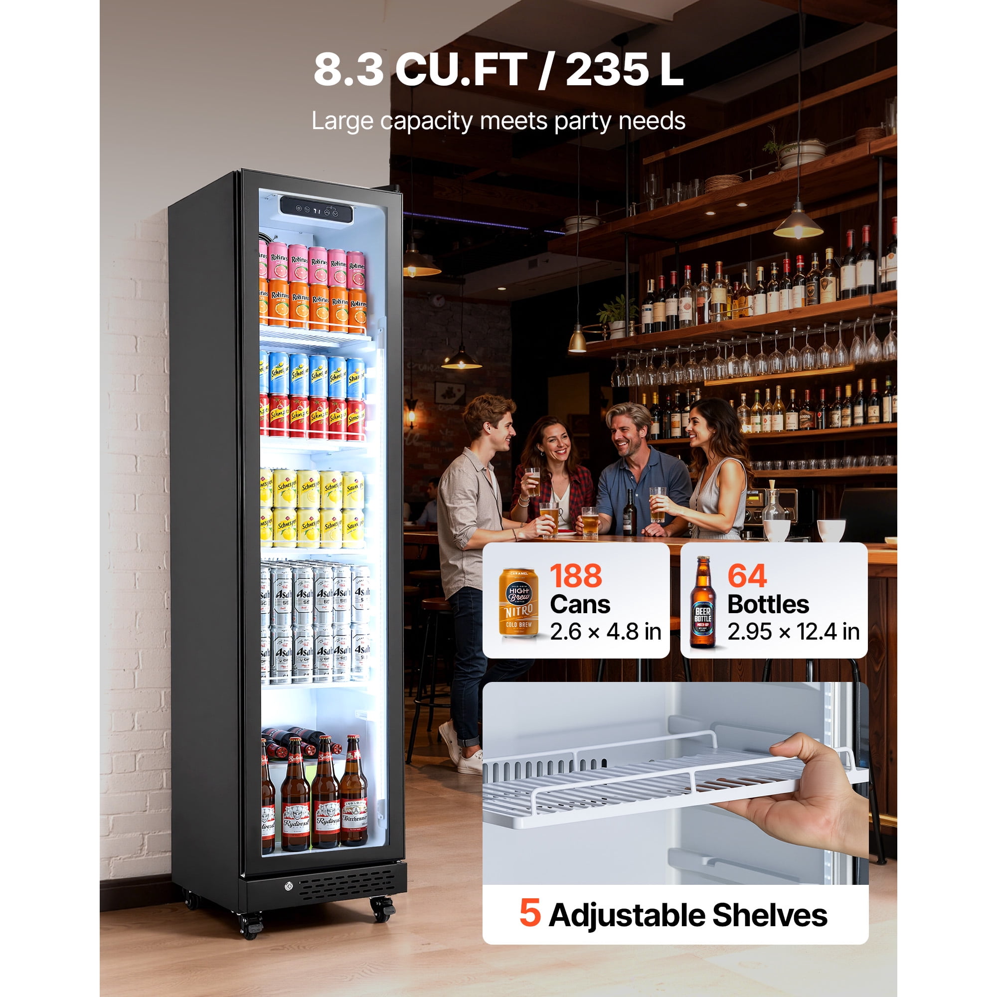 KFFKFF Commercial Glass Door Refrigerator, 8.3 Cu.Ft / 235 L Upright Beverage Cooler with Adjustable Shelves, LED Lighting & Casters for Homes, Shops, and Bars