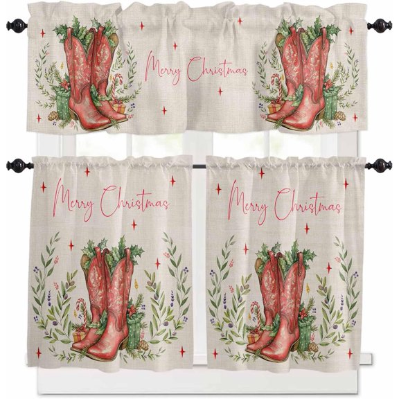 Christmas Western Kitchen Curtains and Valances Set, Rod Pocket Curtains Tier Farmhouse Window Curtains 24 Inch Length, Retro Rustic Cowboy Boots Leaves 3 Piece Kitchen Curtains Set