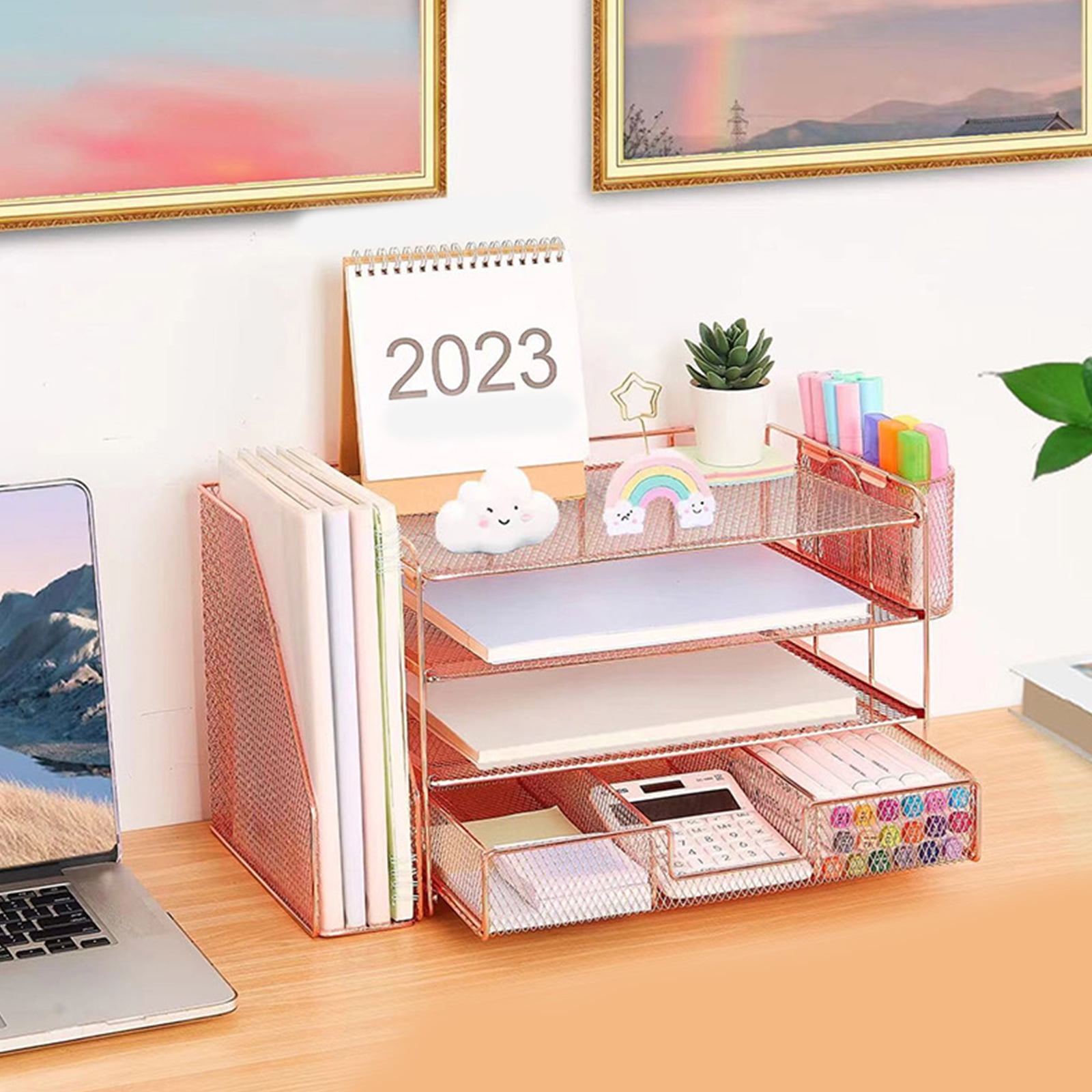RUISINERY 4-Tiered Letter Tray Metal with Magazine Stand Drawer Pen Cups Desk Organizers and Accessories Multifunction for Office