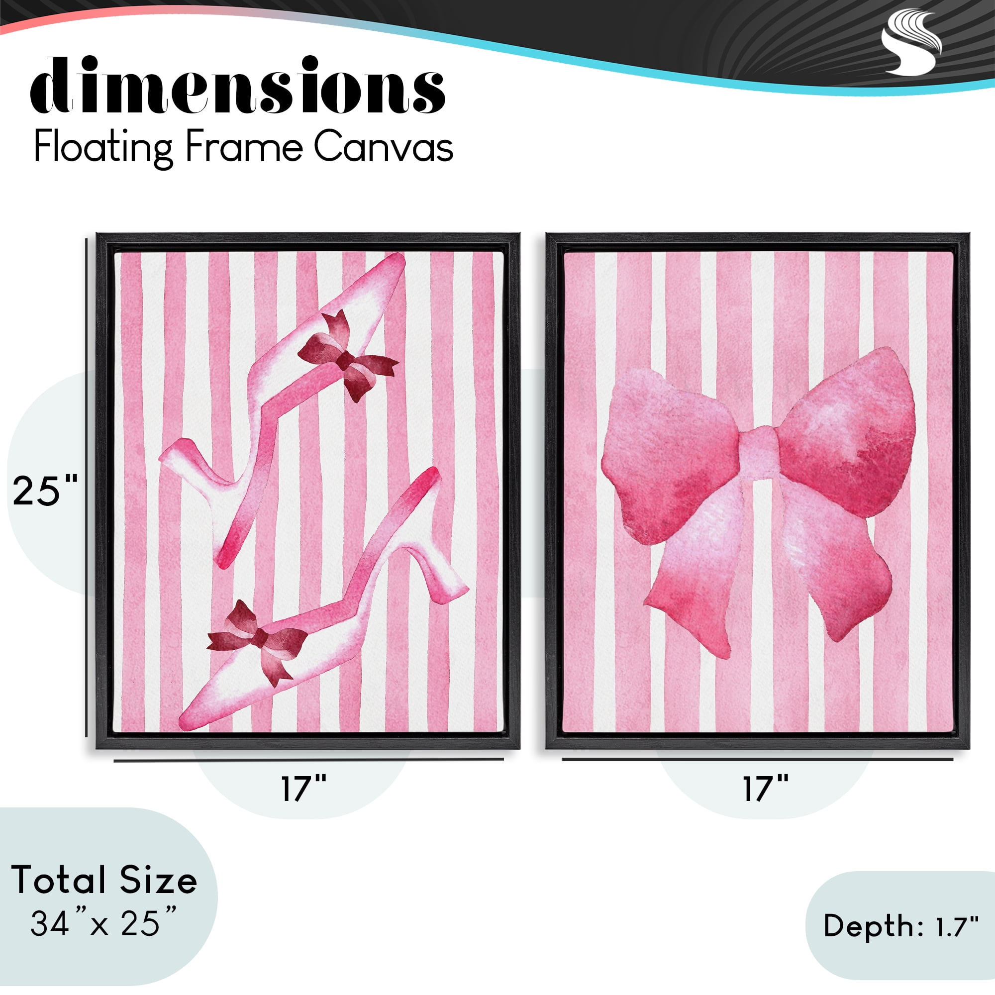 Stupell Industries Feminine Chic Bows Pink Stripes 2 Piece Black Framed Floater Canvas Set, design by Camila Juncos