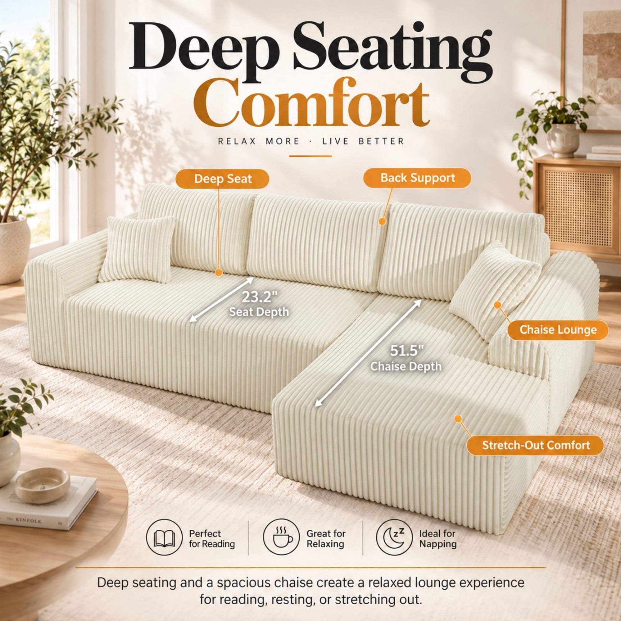 DEALTOPS 109" Corduroy L-Shape Floor Cloud Couch, Deep Seat Modular Sectional Sofa, Right Chaise, White