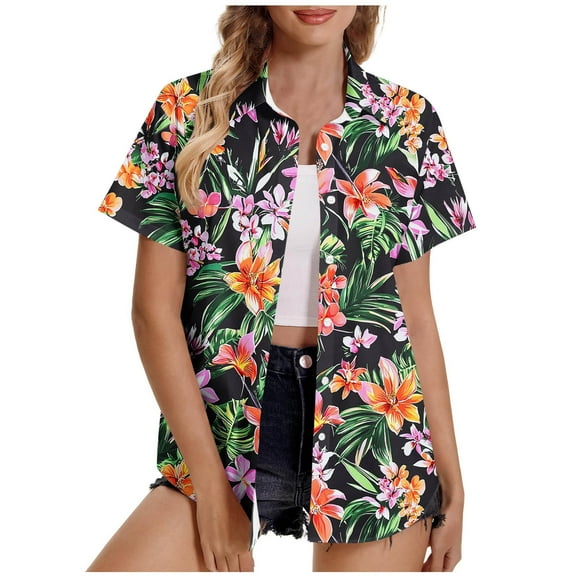 Aloohaidyvio Womens Hawaiian Shirts Soft Cool Floral Tropic Print V Neck Summer Tops Short Sleeve Button Up Tops