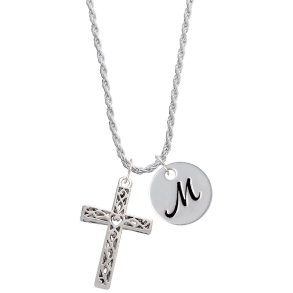 Delight Jewelry Silvertone Large Celtic Vine Cross Silvertone Script Initial Disc - M - Charm Necklace, 20"+3"