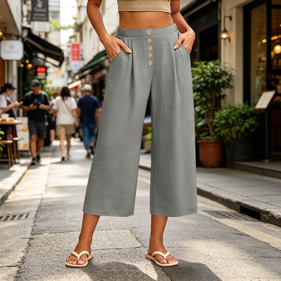 Bzdzmqm Women's High Waisted Wide Leg Capri Pants with Pockets Solid Casual Streetwear Elastic Waist Summer Cropped Beach Work Trousers Fashion, Gray M