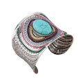 thumbnail image 1 of Brazalete étnico retro con ranuras anchas y cuentas grabadas en plata y turquesa para mujer (1 unidad, multicolor), 1 of 4