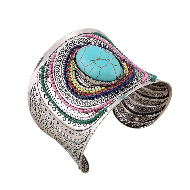 Brazalete étnico retro con ranuras anchas y cuentas grabadas en plata y turquesa para mujer (1 unidad, multicolor)